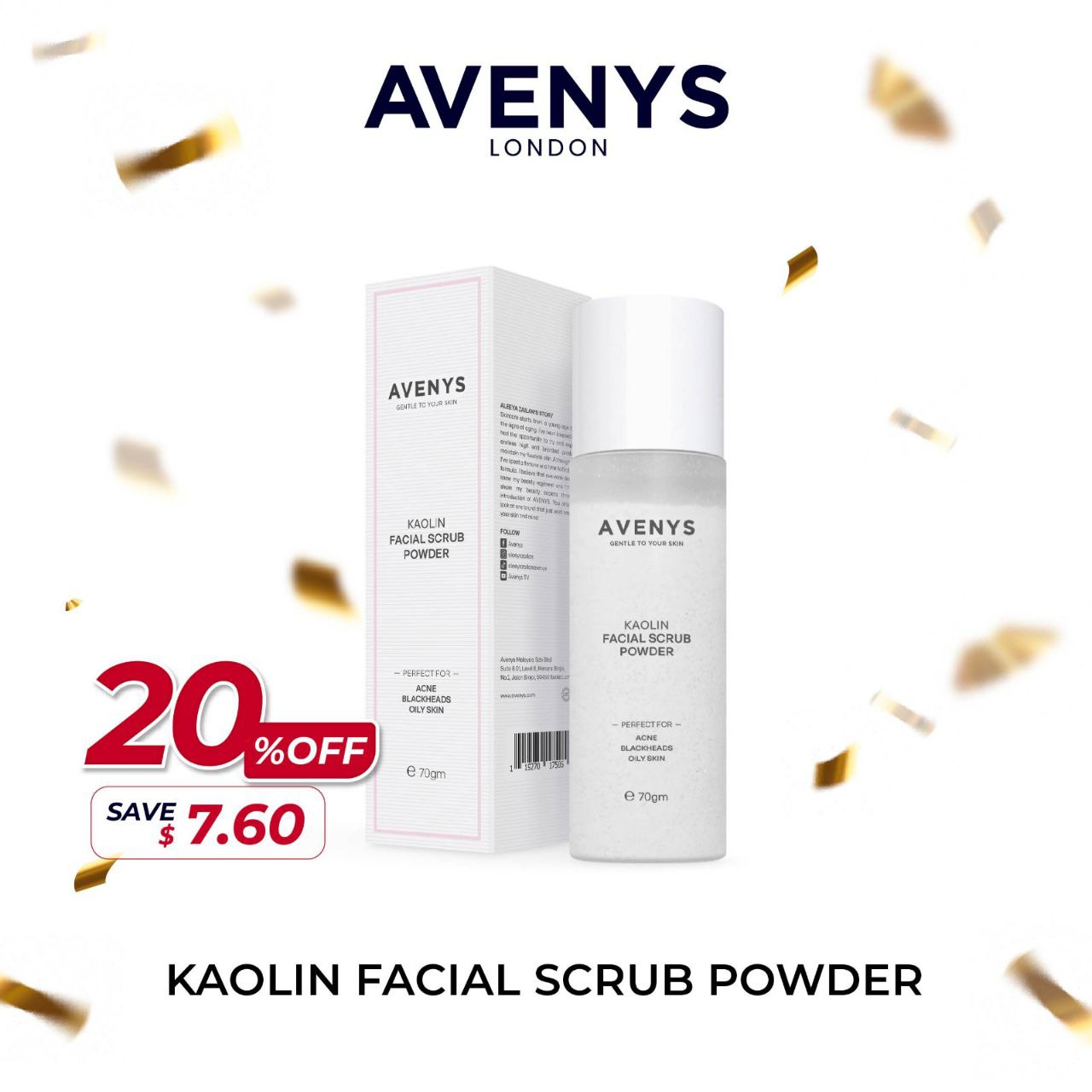 AVENYS Kaolin Facial Scrub Powder (70g)